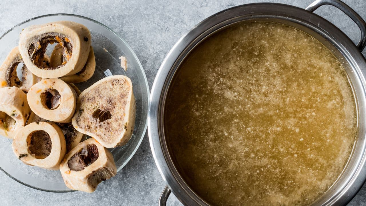Jar of rich beef bone broth